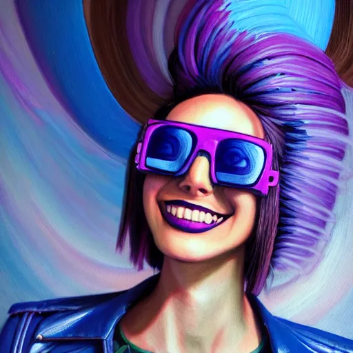 Prompt: closeup painting of a very beautiful young mexican cyberpunk woman with a smile, wearing light blue shutter shades, slatted shades, and a purple coloured leather jacket, one side haircut, long brown hair with light blue ends, portrait, hyperdetailed, artstation, cgsociety, synthwave by tangerine dream, by jean - michel jarre, by vangelis, by john carpenter