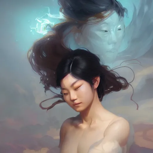 Prompt: An Asian wind elemental, portrait, highly detailed, digital painting, artstation, concept art, sharp focus, illustration, cinematic lighting, art by artgerm and greg rutkowski and alphonse mucha