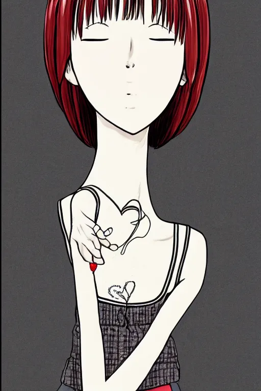 Prompt: portrait of a girl in long pants and a top, hands in pockets, eyes closed, red color heart shaped tattoo on the right hand, bob haircut, digital art, black and white, illustration by junji ito and kaoru mori