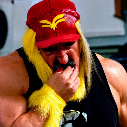 Image similar to hulk hogan crying and eating food,