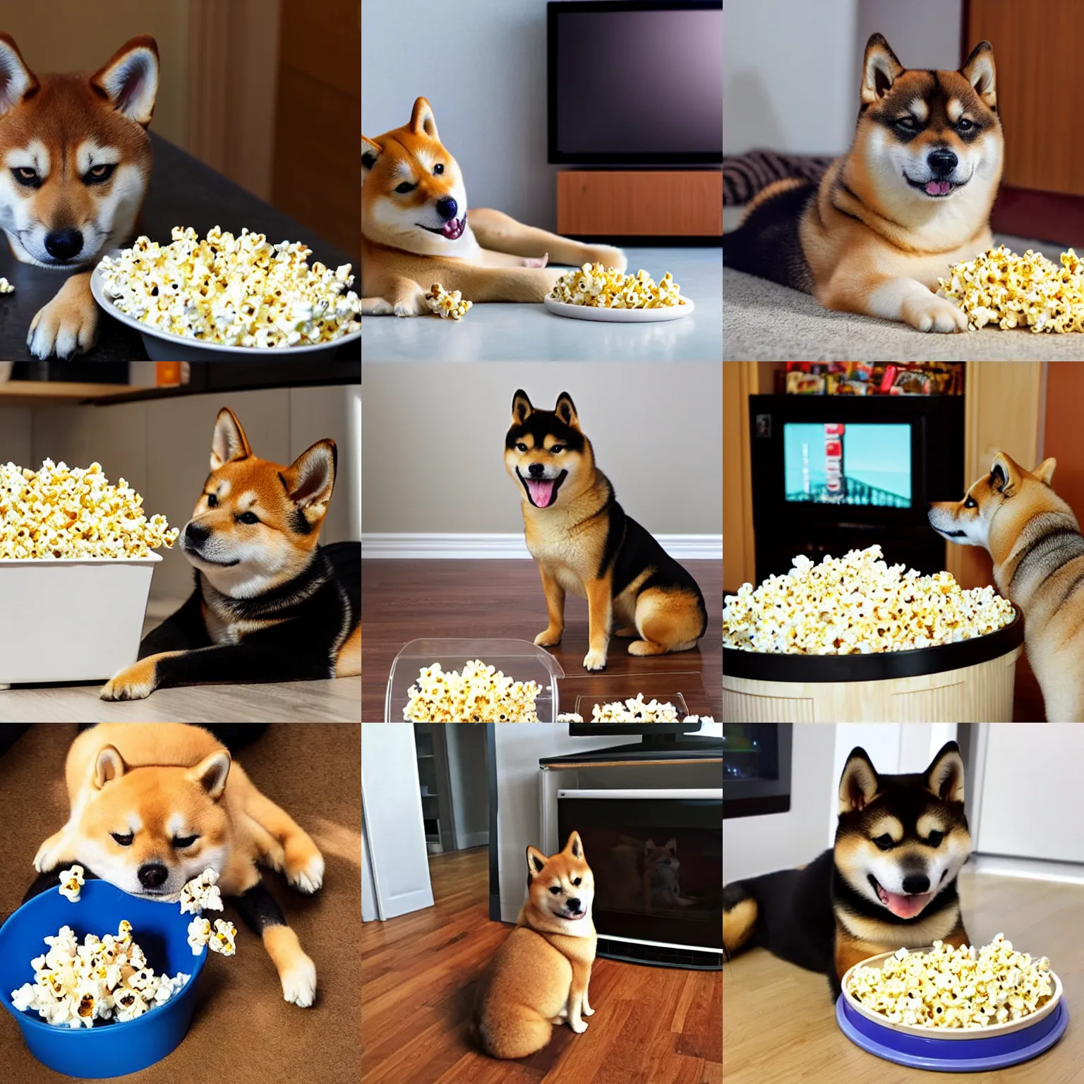 Prompt: shiba inu lying on a lazy susan watching movie and eating popcorn bucket