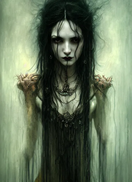 Prompt: portrait of a ancient immortal vampire elegant girl with long tangles of black hair, beautiful piercing eyes, gothic fog ambience, hyper realistic head, fantasy victorian art, in the style of greg rutkowski, zdizslaw beksinski, intricate, alphonse mucha, hyper detailed, smooth