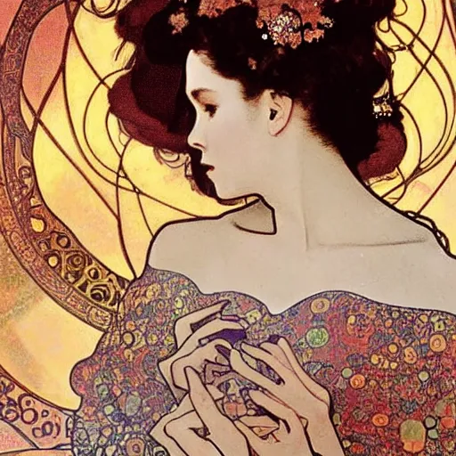 Prompt: vivien leigh with a spiraling nebula for hair beautiful detailed romantic art nouveau face portrait by alphonse mucha and gustav klimt, hauntingly beautiful refined moody dreamscape