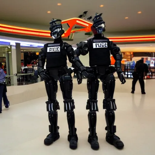 Prompt: Masculine Police Robots Strike Macho Poses in a Futuristic Shopping Mall