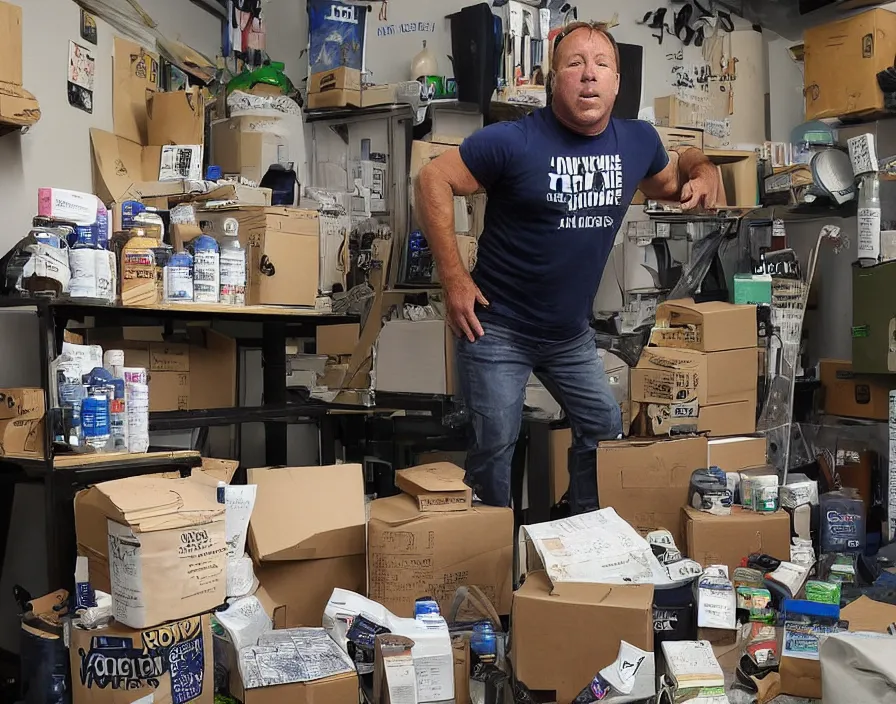 Prompt: Alex Jones inventing new conspiracy theories in his garage office, surrounded by boxes of herbal supplements and trash, sweaty skin, a riot team is kicking in the door, detailed photograph high quality