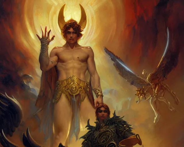 Image similar to attractive male deity, casting demonic magic, summoning handsome lucifer morning star. highly detailed painting by gaston bussiere, craig mullins, j. c. leyendecker 8 k