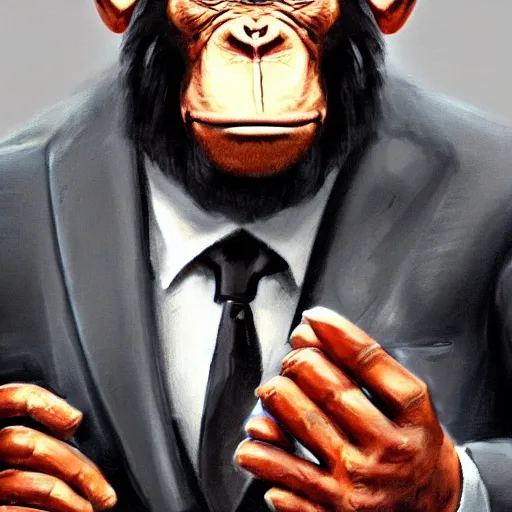 Image similar to a high detail photo of an antropomorphic chimp wearing a suit smoking a cigarrette, subject= chimp, subject detail: wearing a suit, subject action: smoking a cigar, photorealism, dramatic lighting, award winning photograph, trending on artstation