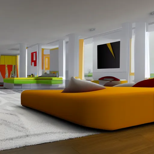 Prompt: 1970's futurist interior living space, furnished by aero aarino, primary colors are white, orange, yellow, and red unreal engine 8k resolution