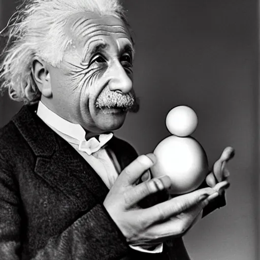 Image similar to einstein holding ( model of atom with metallic spheres ) in his hands, color