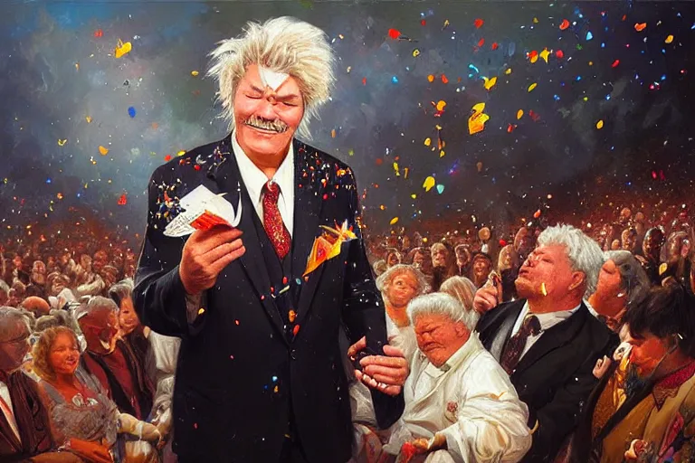 Image similar to portrait of rip taylor throwing confetti during a funeral service, an oil painting by ross tran and thomas kincade