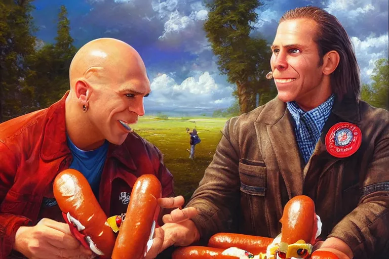 Prompt: portrait of wwf shawn michaels and thomas the tank engine sharing hotdogs, an oil painting by ross tran and thomas kincade