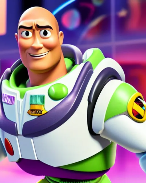 Image similar to Film still close-up shot of Dwayne Johnson as Buzz Lightyear in the movie Toy Story 3. Photographic, photography