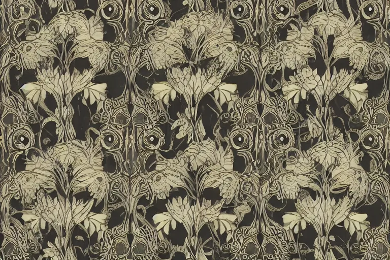 Image similar to elegant pattern of rustic flowers isolated in a black background : : art nouveau, by rafał olbinski