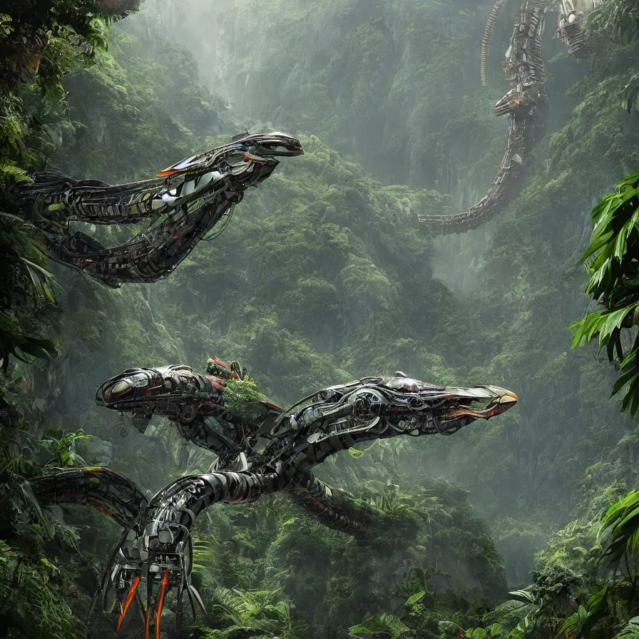 Prompt: hyperrealistic matte painting of futuristic robot quetzalcoatl, flying above the jungle by eddie mendoza, beeple, 4 k, trending on cgsociety