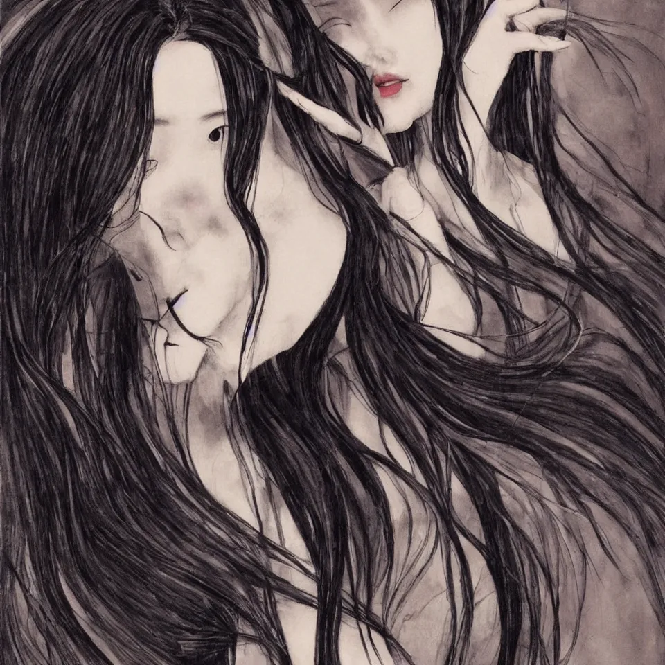 Prompt: a beautiful chinese girl, long black hair flowing, clear soulful eyes, fairy lingering, by bowater charlie