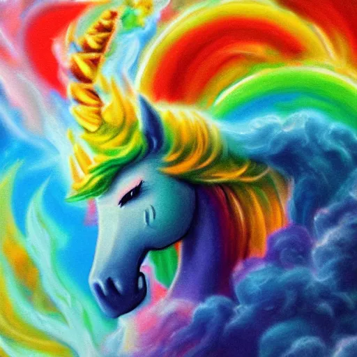 Image similar to unicorn dragon spitting rainbow fire, realistic