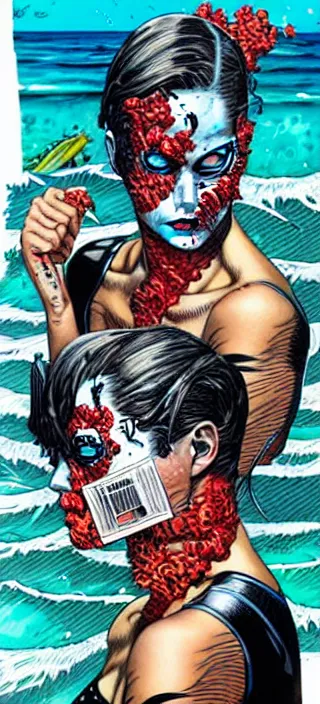 Image similar to horrors in ocean with intricate details by MARVEL comics and Sandra Chevrier