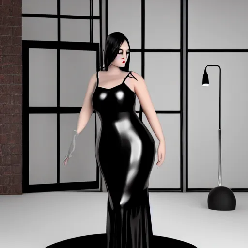 Image similar to curvy feminine goth hottie in a sublime elegant polished black-silver latex neck-high or tube-top floor length gown, thin waist, cgsociety, photorealistic, comfy ambience, idealistic, 16k, smooth, sharp focus, trending on ArtStation, volumetric lighting