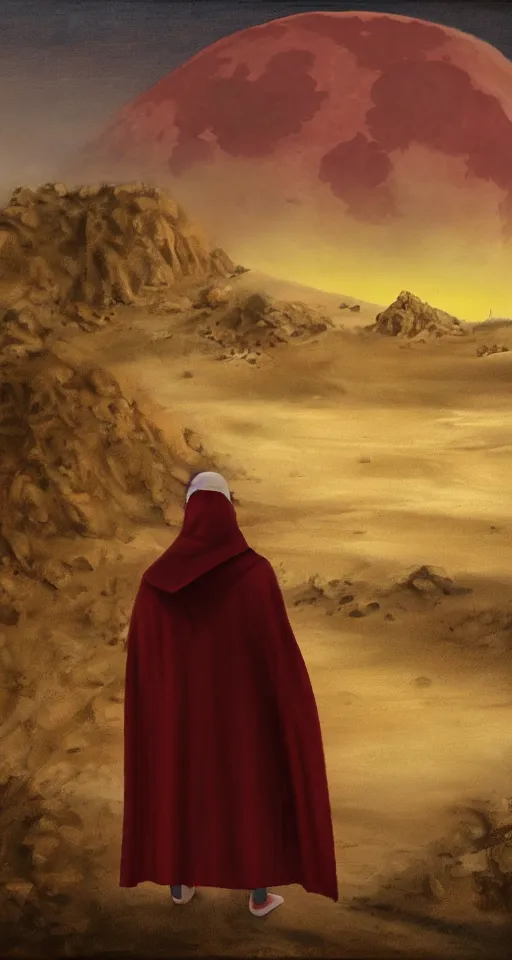 Prompt: big red moon in the desert. ruins of the ancient city. a man in a cloak with a hood and a staff looks into the distance from the dune, visual novel, oil painting