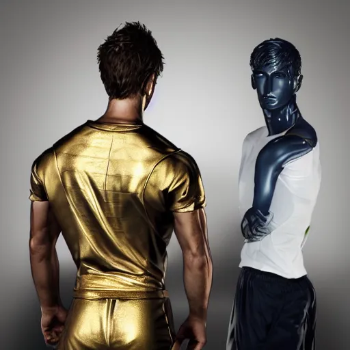 Prompt: a realistic detailed photo of a guy who is an attractive humanoid who is half robot and half humanoid, who is a male android, attractive and handsome soccer players, shiny skin, posing like a statue, blank stare, in a factory, on display, showing off his muscles, gold soccer shorts, side view, looking at each other mindlessly