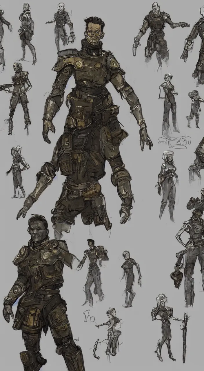 Prompt: concept art Fallout 5, companion character design, with added designer notes