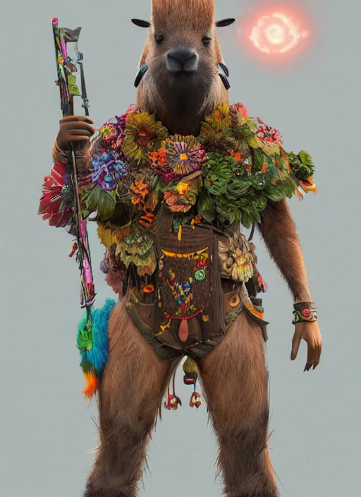 Image similar to detailed full body concept art illustration matte painting of an anthropomorphic capybara forest warrior in full intricate colorful clothing, ultra detailed, digital art, octane render, 8K, dystopian, biomutant, micro details