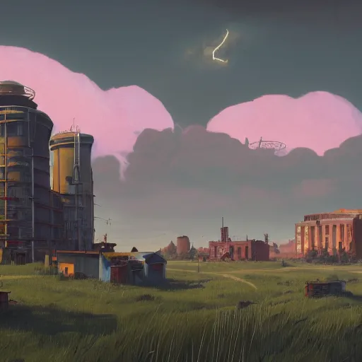 Image similar to some atompunk buildings with the sun shining through the clouds in utopia by Simon Stålenhag and Greg Rutkowski,In style of Grant Wood.hyper detailed,8K Resolution,unreal engine 5,epic lighting,Ray Tracing,highly realistic