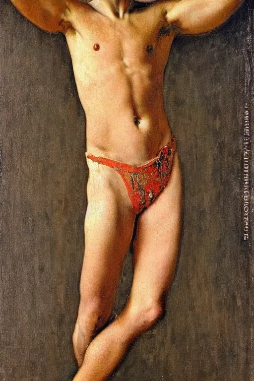 Prompt: body portrait of young Emmanuel Macron posing as a wrestler, colour painting by norman rockwell, guidi prime background by carl spitzweg