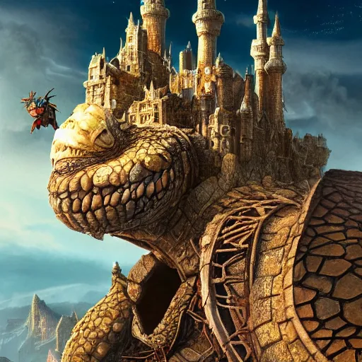 Image similar to large fantasy castle rising from the top of a giant tortoise, towering over a harsh barren sandy wasteland, distant shot angled slightly up, fantasy, hyper detailed, 4 k, howls moving castle, mortal engines, kaiju,