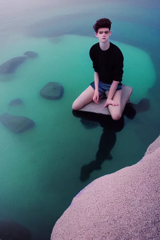 Prompt: high quality pastel coloured film mid angle docu photograph of a beautiful young 2 0 year old male, soft features, short black hair, clothed and painting an icelandic black rock pool environment. atmospheric. three point light. photographic. art directed. ( pastel colours ). volumetric light. clearcoat. waves glitch. 8 k. filmic.