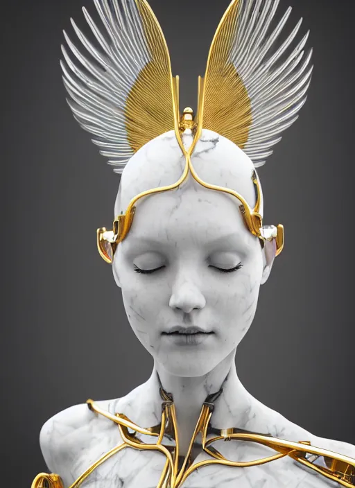 Image similar to a statue made of white marble with gold veins, of an beautiful gorgeous futuristic cybernetic angel girl, prostheses, transhumanism, full body shot, perfect symmetrical body, perfect symmetrical face, hyper realistic, hyper detailed, by johannen voss, by peter kemp, by monia merlo, by michelangelo, octane render, blender, 8 k