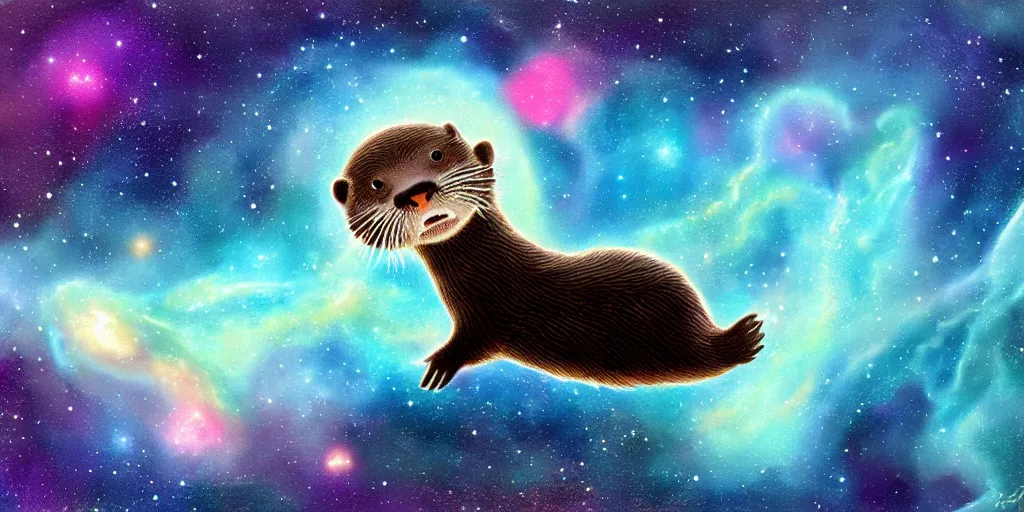 Image similar to an otter floating in space with a nebula in the background, film still, digital painting, concept art
