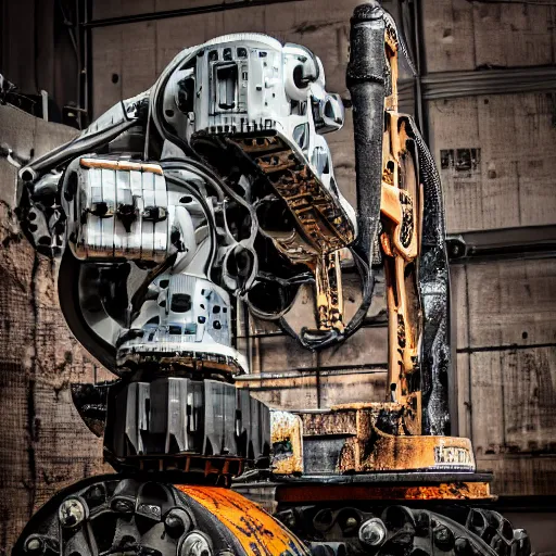 Image similar to giant scary treaded mining automated machine robot with drill, mining scrap metal, highly detailed body, retro, industrial, dark, dystopian, apocalyptic, clean, 8 5 mm f / 1. 4