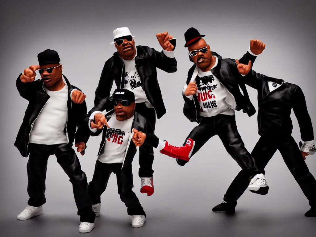 Prompt: run dmc as vinyl toys by huck gee, studio product photography, single strobe light, lowkey light,