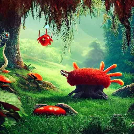 Image similar to a nature photo of a cute, adorable, fury monster eating bugs for lunch while sitting on a red mushroom in the fantasy forest, in the style of Pixar, extremely detailed, wide shot, sharp and detailed, Octane render