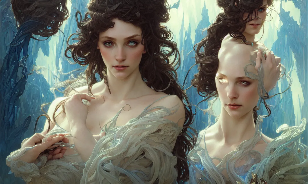 Image similar to Portrait of fairy woman, D&D, blue eyes, face, fantasy, intricate, elegant, highly detailed, digital painting, artstation, concept art, smooth, sharp focus, illustration, art by artgerm and greg rutkowski and alphonse mucha