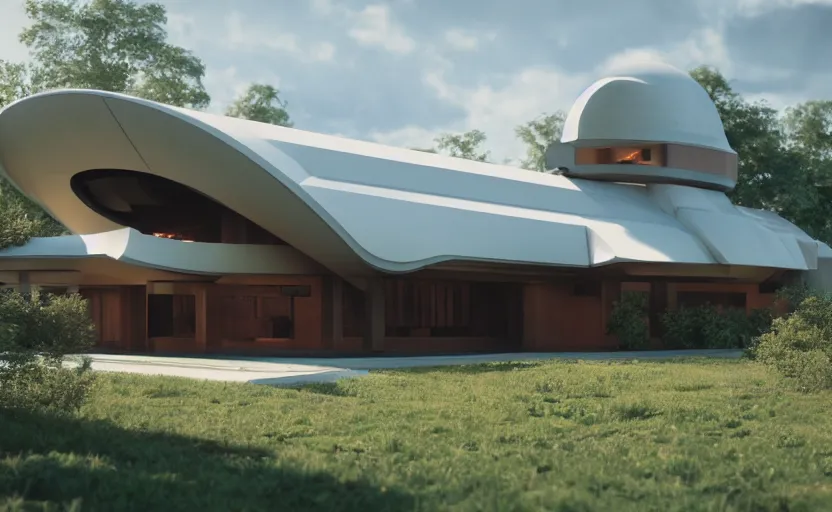 Image similar to futuristic rural architectural masterpiece by frank Lloyd wright and Zaha hadid, detailed, octane render, photo realism, 3D, ray tracing, photo realism