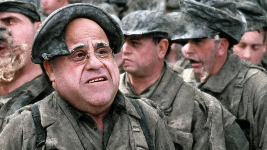 Image similar to A still of Danny Devito in Saving Private Ryan, 8k