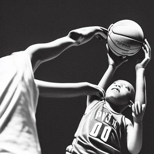 Prompt: a black and white photo of a kid shooting a basketball, mid shot, medium photography, camera angle from behind