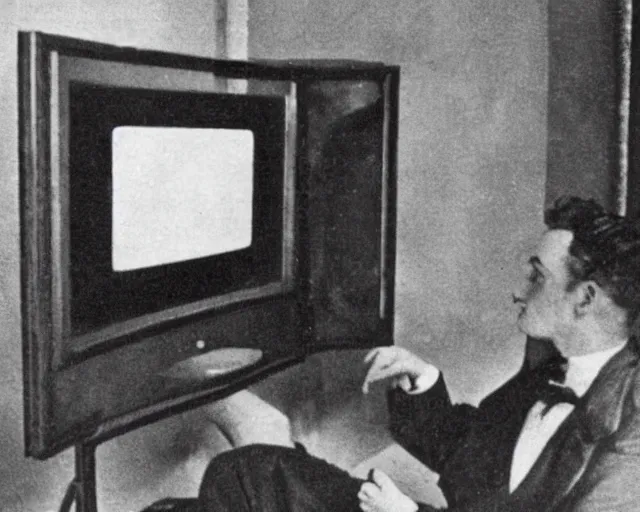 Image similar to 1 9 0 0 s photo of a person watching a flat screen hd tv