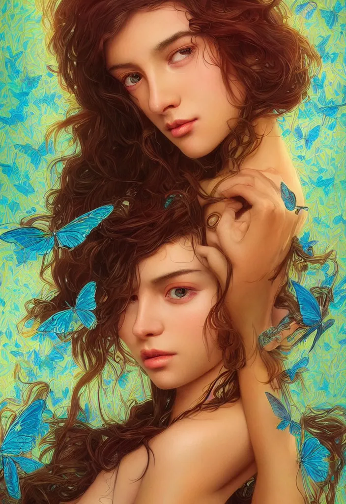 Prompt: beautiful, young woman, detailed gorgeous face, sad eyes, crying, vaporwave aesthetic, synthwave, colorful, psychedelic, digital art, butterflies, birds, digital painting, artstation, concept art, smooth, extremely sharp detail, uhd, ultra sharp focus, illustration, art by artgerm and greg rutkowski and alphonse mucha