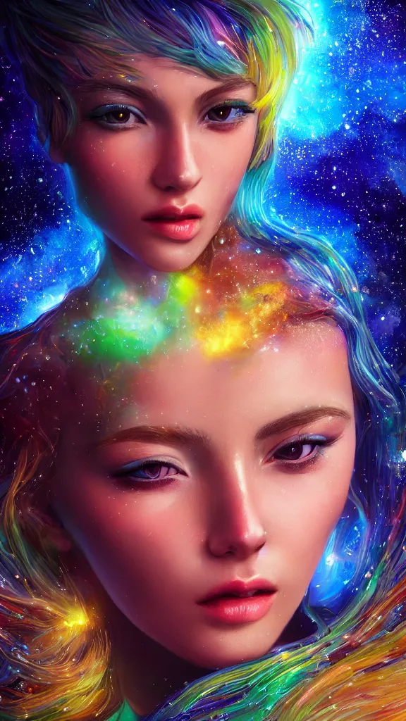 Image similar to highly detailed close up portrait of a celestial girl with a body made of cosmic energy, character art, studio lightning, bright colors, intricate, masterpiece, photorealistic, hiperrealistic, sharp focus, high contrast, Artstation HQ, DeviantArt trending, 4k UHD, Unreal Engine 5