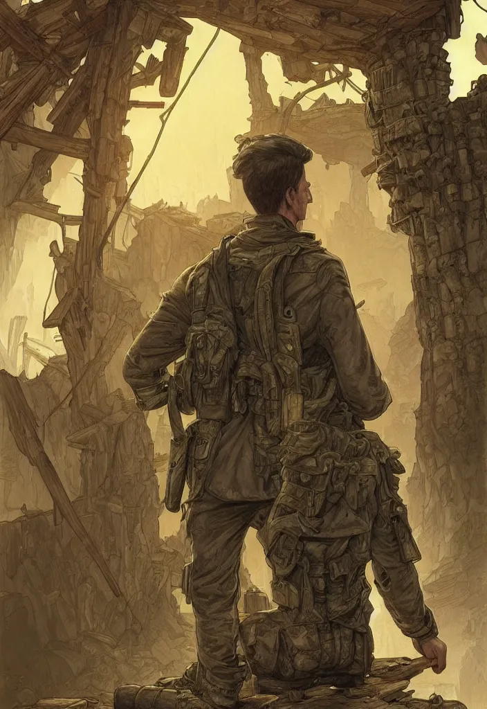 Image similar to comic book cover of soldier in trench coat, back facing the camera on a old wooden bridge looking up at crystal temple, highly detailed, professional digital painting, Unreal Engine 5, illustration, HD quality, 8k resolution, cinema 4d, 3D, cinematic, professional photography, art by artgerm and greg rutkowski and alphonse mucha and loish and WLOP