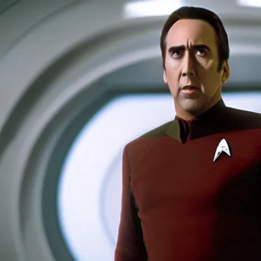 Prompt: Nicholas Cage as Data in the movie Star Trek, sci-fi movie cinematic frame, detailed, sharp