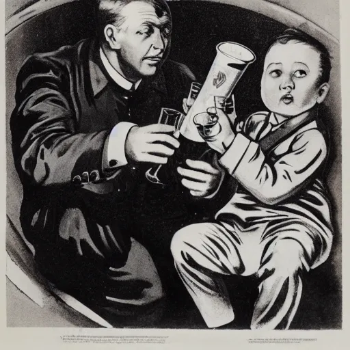 Image similar to communist man drinking champagne, hungry child next to him, soviet propaganda style