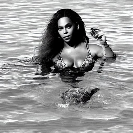 Image similar to ( beyonce + turtle ) swimming