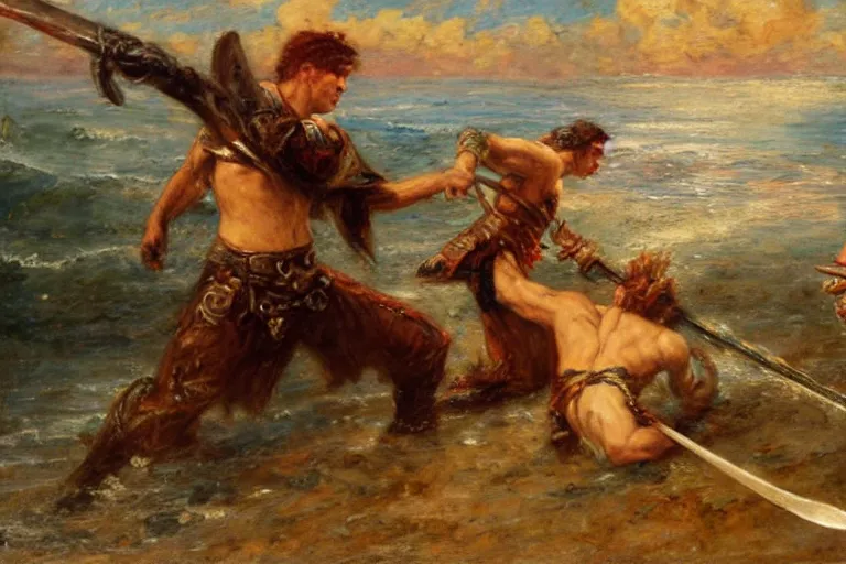 Image similar to action still of a shipwrecked man fighting a pirate with a sword. art by gaston bussiere.