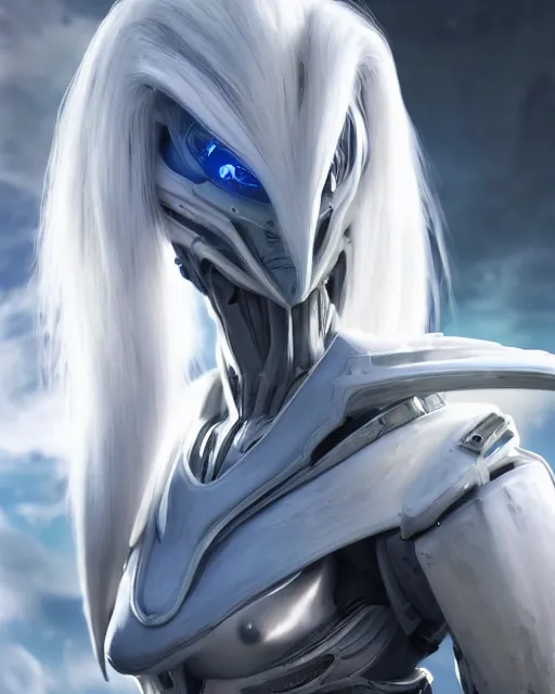 Image similar to perfect white haired alien being, warframe armor, beautiful, dreamy, half asian, pretty face, blue eyes, detailed, windy weather, scifi platform, laboratory, experiment, 4 k, ultra realistic, epic lighting, android body, illuminated, cinematic, high detail, masterpiece, art by akihito tsukushi, akihiko yoshida, voidstar