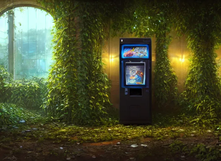 Image similar to close up of a vending machine in an abandoned shopping mall, big trees, overgrown by flower, vines, at night, rays of moonlight, full moon, hyperrealistic, highly detailed, oil painting, intricate, cgsociety, artstation, 8 k, cinematic, soft lighting, by greg rutkowski, by wlop, by artgerm