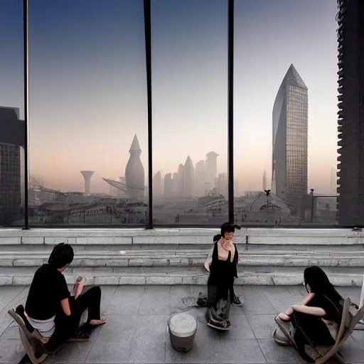 Image similar to a small rooftop with a couple of people sitting and watching the view, wearing black modern clothes, messy hair, modern shanghai bund in smog is on the background, sunset, by gregory crewdson